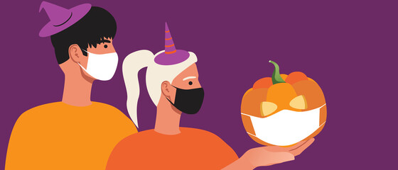 Fototapeta premium Couple at halloween party, copy space template, flat vector stock illustration with people in facial mask and pumpkin face