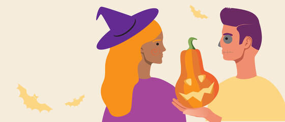 Couple with halloween pumpkin, copy space template, flat vector stock illustration with man and woman in halloween costume with hat