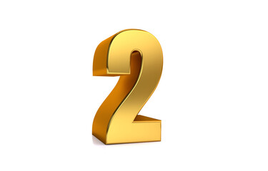 Two, 3d illustration golden number 2 on white background and copy space on right hand side for text, Best for anniversary, birthday, new year celebration.