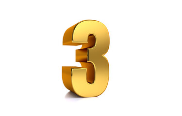 Three, 3d illustration golden number 3 on white background and copy space on right hand side for text, best for anniversary, birthday, new year celebration.