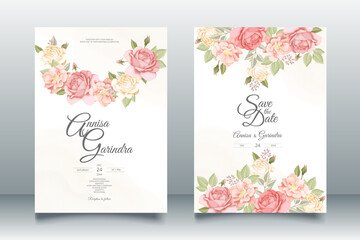  wedding invitation card template set with beautiful  floral leaves Premium Vector