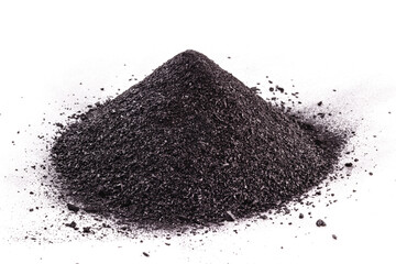 graphite powder used in industry, black powder with isolated white background and copy space.