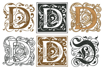 Initial letters D with vintage baroque ornamentations. Vector uppercase letters D with floral decorations. Beautiful filigree capital letter to use for monogram, logo, emblem, card, invitation, label