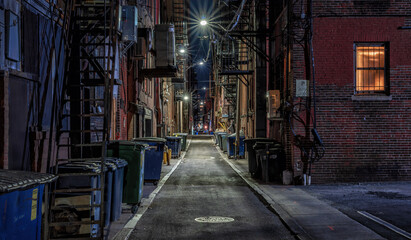 dark empty alley in the night - obrazy, fototapety, plakaty