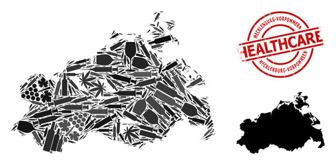 Vector narcotic composition map of Mecklenburg-Vorpommern State. Rubber healthcare round red badge. Template for narcotic addiction and healthcare posters.