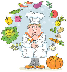 Funny chubby cook in a white chef hat thinking about an original tasty soup with fresh vegetables and spices from a kitchen garden, vector cartoon illustration isolated on a white background
