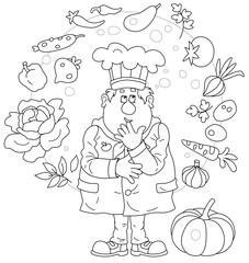 Fototapeta premium Funny chubby cook in a chef hat thinking about an original tasty soup with fresh vegetables and spices from a kitchen garden, black and white outline vector cartoon illustration for a coloring book