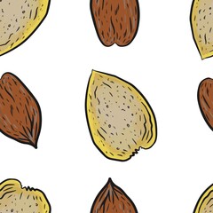 Almond set nuts Patern seamless print textile food useful vitamins . Plants leaves nature natural products  print textile food healthy vitamins graphic illustration hand drawn vector 