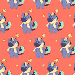 Vector pattern with unicorn pattern, in red background color and with beautiful yellow stars. Vector illustration
