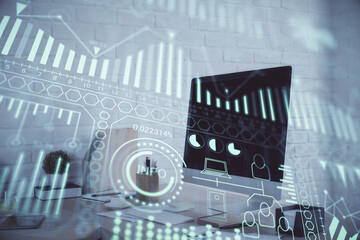 Double exposure of tech theme drawings and office interior background. Technology concept.