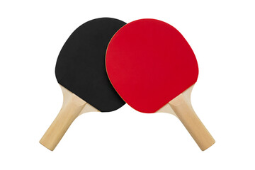 Table tennis racket isolated on white background, with inverted rubber, black and red colors.