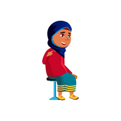 laughing muslim girl kid sitting on chair in cafe cartoon vector. laughing muslim girl kid sitting on chair in cafe character. isolated flat cartoon illustration