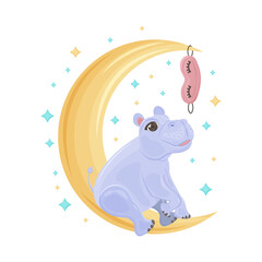 Cute children s illustration featuring a cute baby hippo sitting on the moon and looking at a sleep mask surrounded by stars. Hippo sitting on a crescent moon, children s printed illustration. Vector
