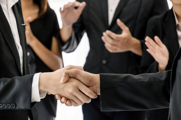 professional business teamwork shaking hand while their colleagues applauding in meeting room...