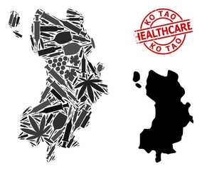 Vector narcotic collage map of Ko Tao. Grunge healthcare round red seal. Template for narcotic addiction and healthcare posters. Map of Ko Tao is shaped of injection syringes, danger, dope, marijuana,