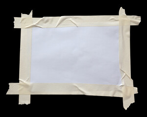 White paper stuck with sticky tape isolated on a white background.