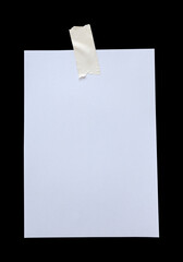 White paper stuck with sticky tape isolated on a white background.