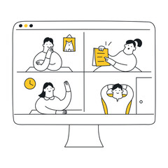 Online video meeting call, remote communication on isolation, distant work via a web camera. Different teammates talking via conference video call. Thin line cartoon vector illustration on white.