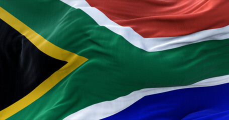 Detail of the national flag of South Africa flying in the wind.