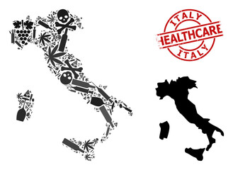 Vector narcotic composition map of Italy. Scratched healthcare round red watermark. Concept for narcotic addiction and healthcare promotion. Map of Italy is constructed from inoculation syringes,