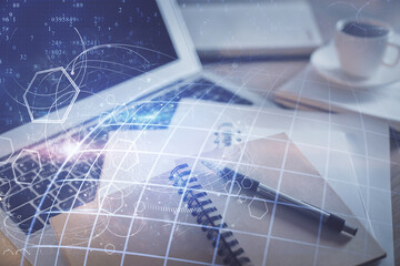 Double exposure of map drawing and desktop with coffee and items on table background. Concept of global data.