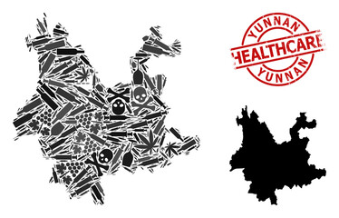 Vector narcotic mosaic map of Yunnan Province. Rubber health care round red rubber imitation. Concept for narcotic addiction and drugs promotion.