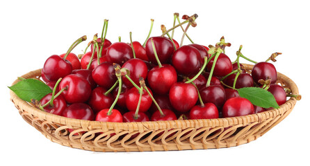 Cherries in basket isolated on white background
