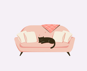 Black cat sleeping on a pink cozy sofa with pillows