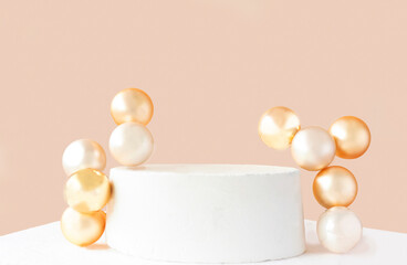 3D scene inscription SALE in gold numbers on a concrete pedestal and gold balls..