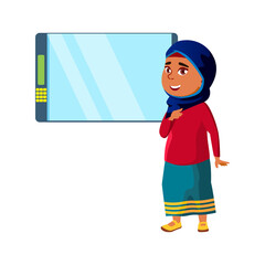 smiling islamic girl choosing snack in vending machine cartoon vector. smiling islamic girl choosing snack in vending machine character. isolated flat cartoon illustration