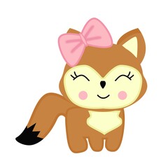 cute little fox with pink bow illustration for postcard decoration