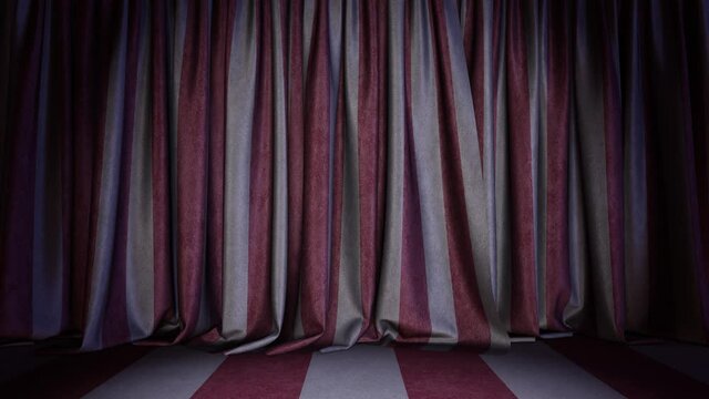 Realistic 3D animation of the red and white stripes vintage grungy show or circus stage curtain with striped carpet flooring rendered in UHD with alpha matte