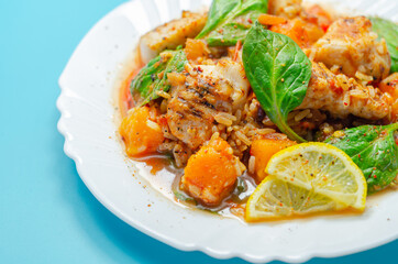 Chicken Jambalaya, cooked chicken breast pieces, in a spiced tomato sauce with chorizo, wholegrain rice, baby spinach, diced butternut squash and sliced red peppers