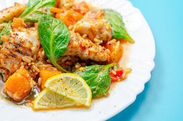 Chicken Jambalaya, cooked chicken breast pieces, in a spiced tomato sauce with chorizo, wholegrain rice, baby spinach, diced butternut squash and sliced red peppers