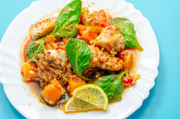 Chicken Jambalaya, cooked chicken breast pieces, in a spiced tomato sauce with chorizo, wholegrain rice, baby spinach, diced butternut squash and sliced red peppers