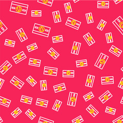 Line Stacks paper money cash icon isolated seamless pattern on red background. Money banknotes stacks. Bill currency. Vector