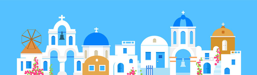 Santorini. Greece. Buildings of architecture. Panoramic view. Traditional Greek white houses with blue roofs and churches. Vector flat illustration.
