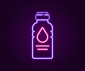 Glowing neon line Bottle of water icon isolated on black background. Soda aqua drink sign. Colorful outline concept. Vector