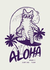 Cat surfing. Cute pet character wearing sunglasses surfing wave. Aloha palm tree summer sports typography t-shirt print vector illustration.