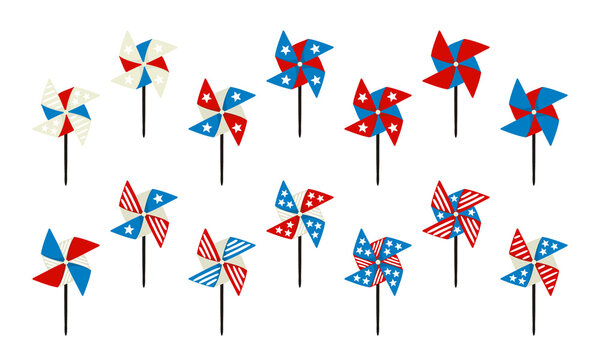 Pinwheel icons set isolated. Paper spinners by July 4th in national colors of United States of America. Vector illustration for USA Independence or Election Day