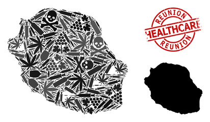 Vector drugs composition map of Reunion Island. Grunge health care round red watermark. Concept for narcotic addiction and health care propaganda.