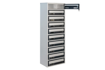 Mailboxes in the condo. metal mailbox with lockable center in condo. Mailbox on the white background isolated