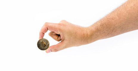 male hand holding bitcoin coin on isolated white background with space copy