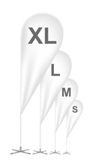 Vector blank outdoor teardrop feather advertising promo bow flag banners sorted by size - S, M, L, XL banners isolated on a white background. Template or mock-up for an advertising company. 