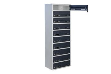 Mailboxes in the condo. metal mailbox with lockable center in condo. Mailbox on the white background isolated