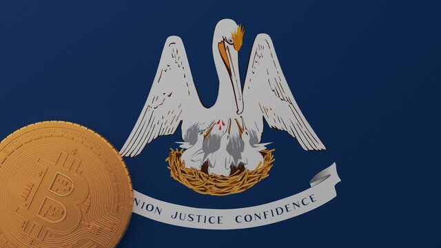 Gold Bitcoin in the Bottom Left Corner on the US State Flag of Louisiana