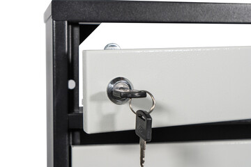 Naklejka premium Fragment of the door of metal lockers for locker room. Change room metal locker box on the white background isolated.