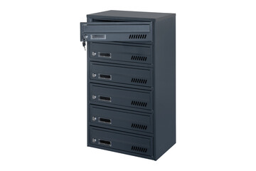 Mailboxes in the condo. metal mailbox with lockable center in condo. Mailbox on the white background isolated