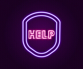 Glowing neon line Shield with text Help icon isolated on black background. Guard sign. Security, safety, protection, privacy concept. Colorful outline concept. Vector
