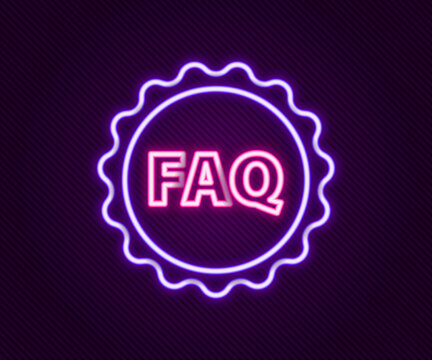 Glowing neon line Label with text FAQ information icon isolated on black background. Circle button with text FAQ. Colorful outline concept. Vector